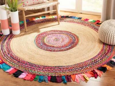 Handmade Handwoven Rag Rug Colorful Chindi Area Rug Home Decor Rug Jute 4x4 Feet - Image 1 of 4