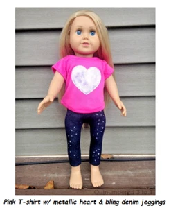 Ropa de muñeca de 18" conjunto de vestido ajuste para muñecas American Girl rosa corazón bling jeans - Imagen 1 de 2