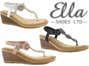 Ladies Wedge Strappy Sandals Diamante Toe Post Elastic Dress Holiday Ella Shoes - Picture 1 of 4