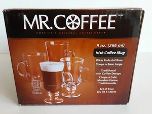 Mr Coffee Glass Irish Mugs Set of 4 New in Box Pedestal Base - Picture 1 of 7