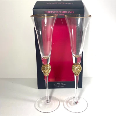 Christian Siriano Estrás Champán Flautas Copas Borde Dorado Juego de 2 - ¡NUEVO! Foto 1 de 4