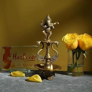 Brass Dancing Ganesha Oil Diya with Base (Antique Yellow), Standard + Free Ship