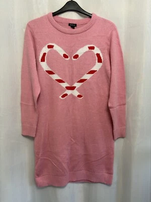 -164 Boohoo Sz 16 Pink Knit Candy Cane Heart Long Xmas Jumper Tunic  - Image 1 of 3