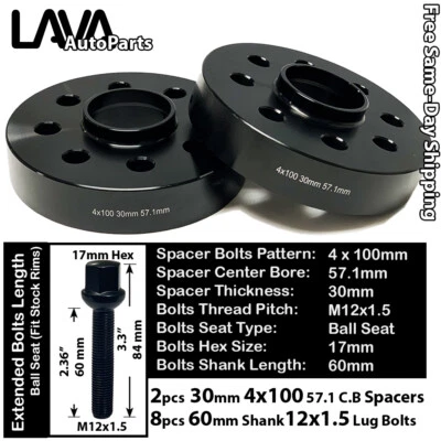 2PC 30MM THICK 4X100 57.1MM C.B WHEEL SPACER+12X1.5 BOLT FIT VOLKSWAGEN AND MORE - Image 1 of 2