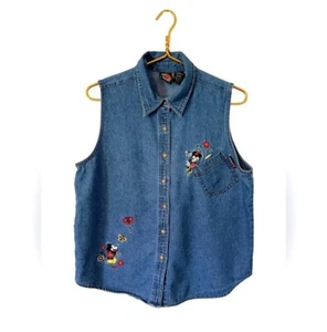 Vintage Disney Mickey & Minnie Denim Button Up Blouse, Size Large - Picture 1 of 2