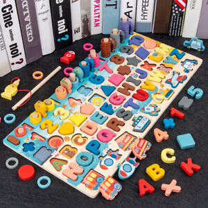 Kids Montessori Toys Wood Jigsaw Puzzles Numbers Shapes school Education Blocks