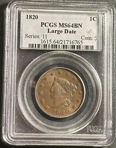 1820 Coronet Head Large Cent: PCGS MS64BN Large Date - Bild 1 von 4