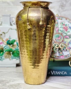 Vintage Large 15" Hammered Brass Urn Vase With Tassel Rope Design - Picture 1 of 10