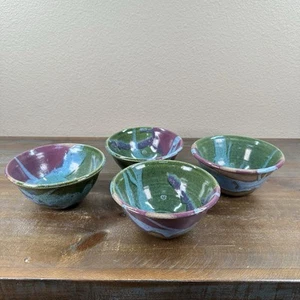 4 Vintage Pottery Drip Glaze Bowl Purple, Blue, Green: Signed & Numbered 6” Wide - Picture 1 of 19