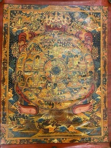 Rare Large Vintage handpainted Tibetan Buddha Om mandala Thangka Oil painting M - Picture 1 of 8
