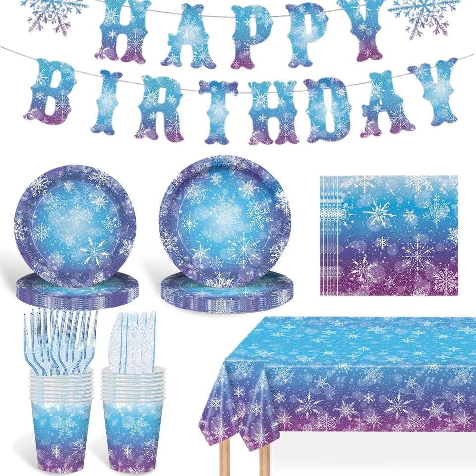 Suministros de platos de fiesta congelados, copo de nieve azul y púrpura Winter Wonderland Dis... Foto 1 de 4