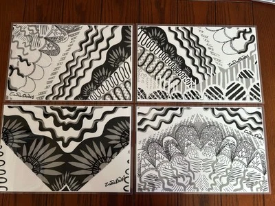 4 ZANDRA RHODES Laminated Black & White Abstract Place Mats Set  #1 - Image 1 of 4
