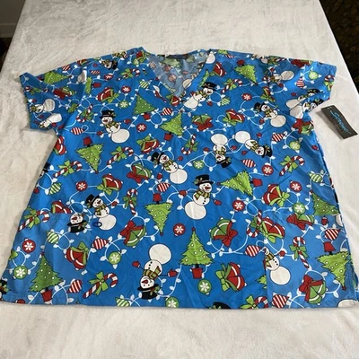 Serene Uniforms Womens  Blue Scrubs Tops Christmas V-Neck 100% Polyester Size 3X - Image 1 of 4