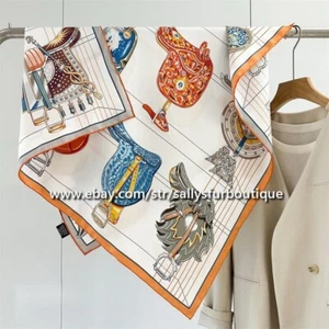 Sallys 18 Momme Twill Silk Wrap Scarf Saddels Print Double Face Square Shawl 35" - Picture 1 of 11