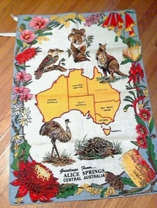 Vintage Souvenir Tea Towel Greetings Alice Springs Australia Linen Czech Unused - Picture 1 of 3