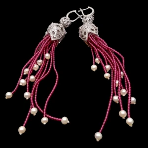 Natural Purple Garnet White Pearl Tassel Cubic Zirconia Pave Lever Back Earrings - Picture 1 of 7