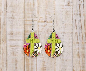 Faith Cross Christian Handmade Wood Tear Drop Dangle Printed Earrings Jewelry - Picture 1 of 3