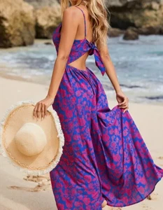 CUPSHE Floral Printed Long Maxi Dress V-Neck Knotted Backless Multicolor M - Bild 1 von 9