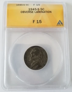 1945 S Silver Jefferson War Nickel ~ Obverse Laminations ANACS ~ San Francisco - Picture 1 of 5