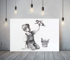 BANKSY NHS HEROES - LIENZO ENMARCADO PROFUNDO ARTE DE PARED IMPRESIÓN GRAFFITI - BLANCO Y NEGRO - Imagen 1 de 17