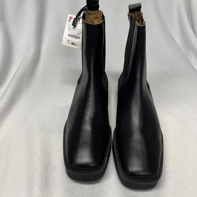 NWT ZARA  Botin Chelsea Boots, Black Leather Women's Size 10, EU 41, Square Toe - Image 1 of 4