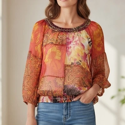 De Colección NYPL Mujer Top M Naranja Retazos Transparentes Paisley Floral Artístico Retro Boho Foto 1 de 4