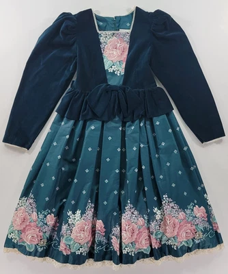 Vestido Floral Vintage Daisy Kingdom Niñas 12 Verde Esmeralda Terciopelo Encaje Forrado Foto 1 de 4