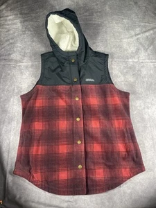 Columbia Vest Mens Large Hooded Vest Sherpa Lining Snap Front Red/Black Plaid - Picture 1 of 7