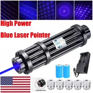 Blue Burning Laser Pointer High Power Battery Visible Light Beam +5 Head Caps - Picture 1 of 18