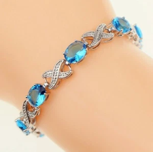 Pulsera De Tenis De Ópalo Creado En Laboratorio Azul Claro Y Topacio Blanco - Imagen 1 de 6