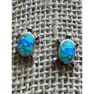 Vintage Navajo Sterling Silver Turtle Earrings Inlay Turquoise .5" tall - Picture 1 of 4