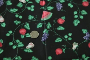 4.44Y x 44W Vintage 80s 90s Fruit Chintz on Black Cotton Vine Watermelon Berry - Picture 1 of 8