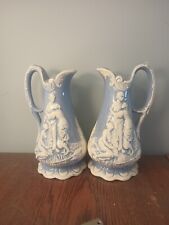 Vintage Blue & White Milk Pitcher With Embossed Mother and Children Design