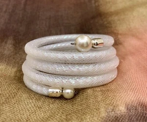 Gift. Handmade White Shinny Nylon Mesh Tubing Bracelet, White Pearl - Jewellery - Picture 1 of 4