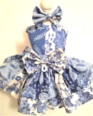 DOG HARNESS DRESS W/ MATCHING HAIR BOW  BLUE PATCH      FREE SHIPPING - Image 1 of 4