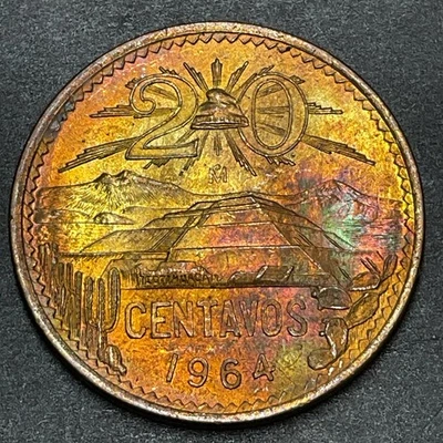 墨西哥 1964 年 20 centavos KM# 440 BU 带彩色铜绿太阳金字塔 — 第 1/2 张图片