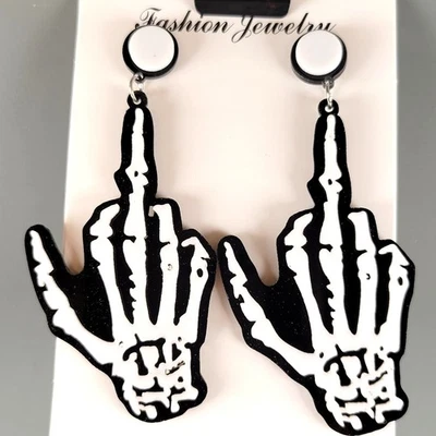 Skeleton Hand Earring Middle Finger Drop Statement Jewelry Punk Goth 3" NWT Edgy - Image 1 of 4
