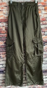 H&M Wide Leg Cargo Pants Girls Size 16 Green Shiny Silky Skateboarder Adjustable - Picture 1 of 6