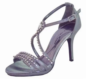 Ladies Wedding Party Heeled Evening Shoes Sandals Diamante Dark Grey Pewter NEW - Picture 1 of 1