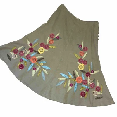 Falda de lino para mujer Jill talla 2 floral adornada lateral abotonada verde oliva Foto 1 de 4