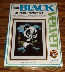 VTG Craft House Black Velvet Oil Paint by Number Set BREAKFAST TIME PANDA 18488 - Picture 1 of 3