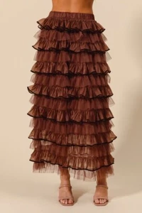 SO ME Maxi Tulle Skirt Layered Ruffled Mocha - Picture 1 of 5