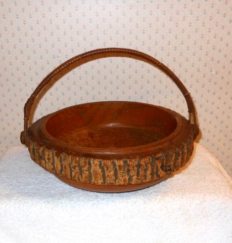 Unique Wooden Bowl With Wrapped Handle, out of a Piece of Hard Wood Carved 9.5" Cover