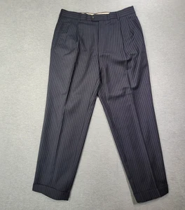 Ermenegildo Zegna Pants Mens 34x31 Navy Striped Wool Pleated Straight Leg Cuffed - Picture 1 of 9