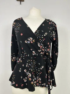 Oasis Black Floral V Neck Wrap Blouse Size Large - Picture 1 of 12