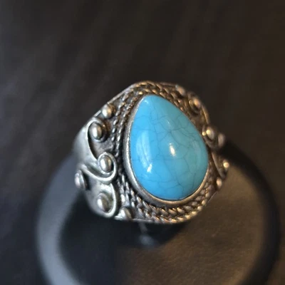 Boho Silver Plated Crazed Turquoise Ring Size 8 - Image 1 of 4