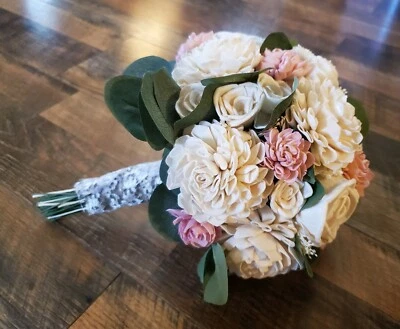 Dusty Rose White Bridal Bouquet Blush Pink Artificial Sola Wood Wedding Flowers - Image 1 of 4