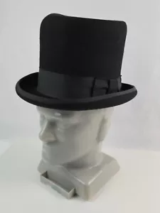 Vintage DeLuxe Quality Black Wool top hat 6.75" tall black bow "good" cond. - Picture 1 of 13