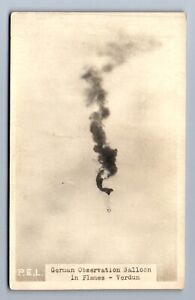 ERSTER WELTKRIEG RPPC DEUTSCHER BEOBACHTUNGSBALLON IN FLAMMEN, VERDUN FR LEER Postkarte P6D