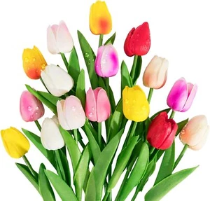 Latex Artificial Tulips Fake Real Touch Flowers for Home Office Wedding Decor UK - Picture 1 of 25
